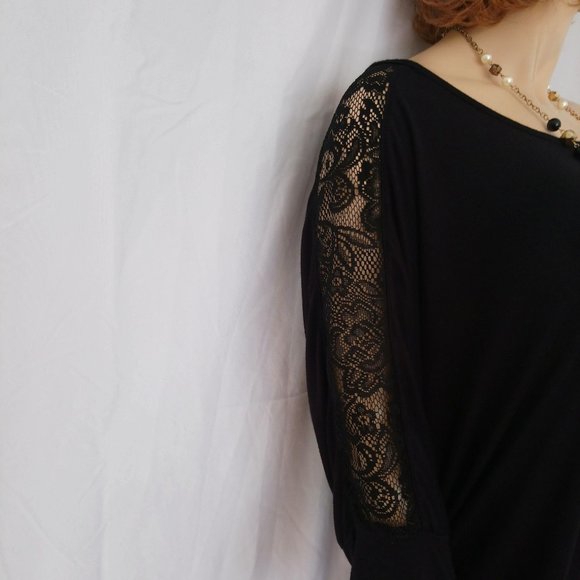 NWT IZ BYER 3X Black Textured Off Shoulder Top Dolman Lace Sleeves - Picture 7 of 11